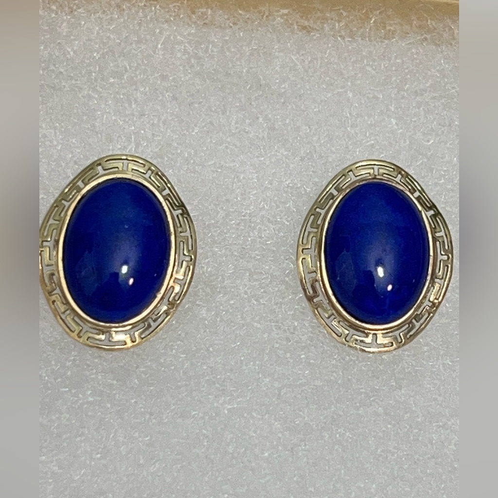 14k Yellow Gold Earrings Bezel Lapis Lazuli Oval Cabochon 7.22g